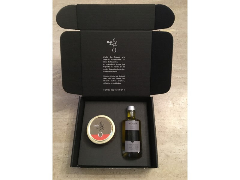 Gift box olive oil with black truffe & cream of red kuri squash with truffle